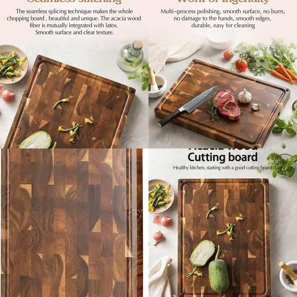 

Reversible Acacia Wood Chopping Board with Non-Slip Feet, Handles, and Juice Groove - 19x14x1.5 Inch Thick End Grain Butcher Blo