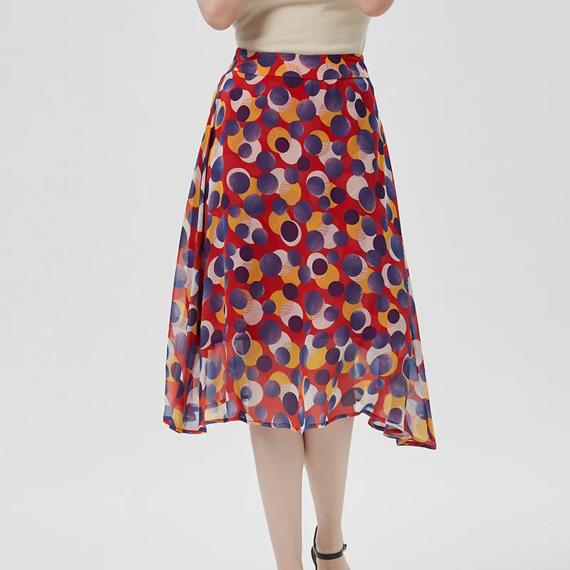 Love Silk 12mm Red Dotted Print Georgette Elastic Waist Thin Surface Double-Layer Knee-Length Skirt C3