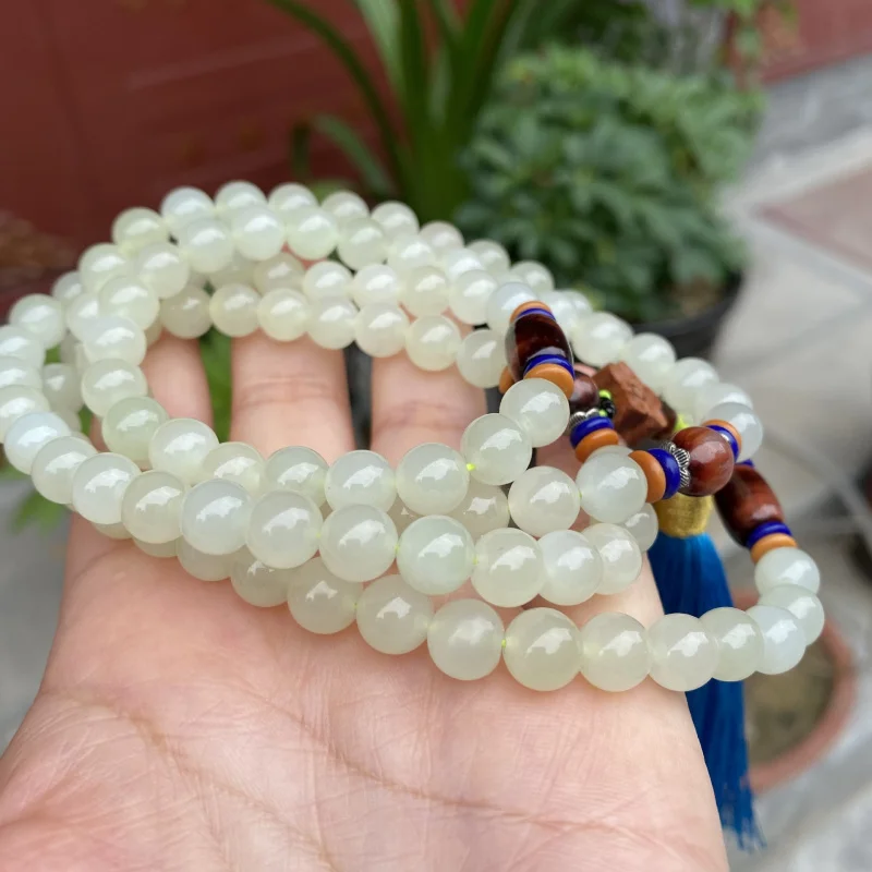 Hetian Jade 108 Buddha Green 8mm Round Beads Necklace with Cat's Eye Stone Multi-layer Bracelet