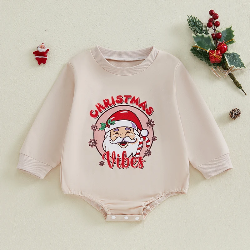 Girls Boys Christmas Jumpsuit Long Sleeve Crewneck Santa Claus Print Sweatshirt Romper