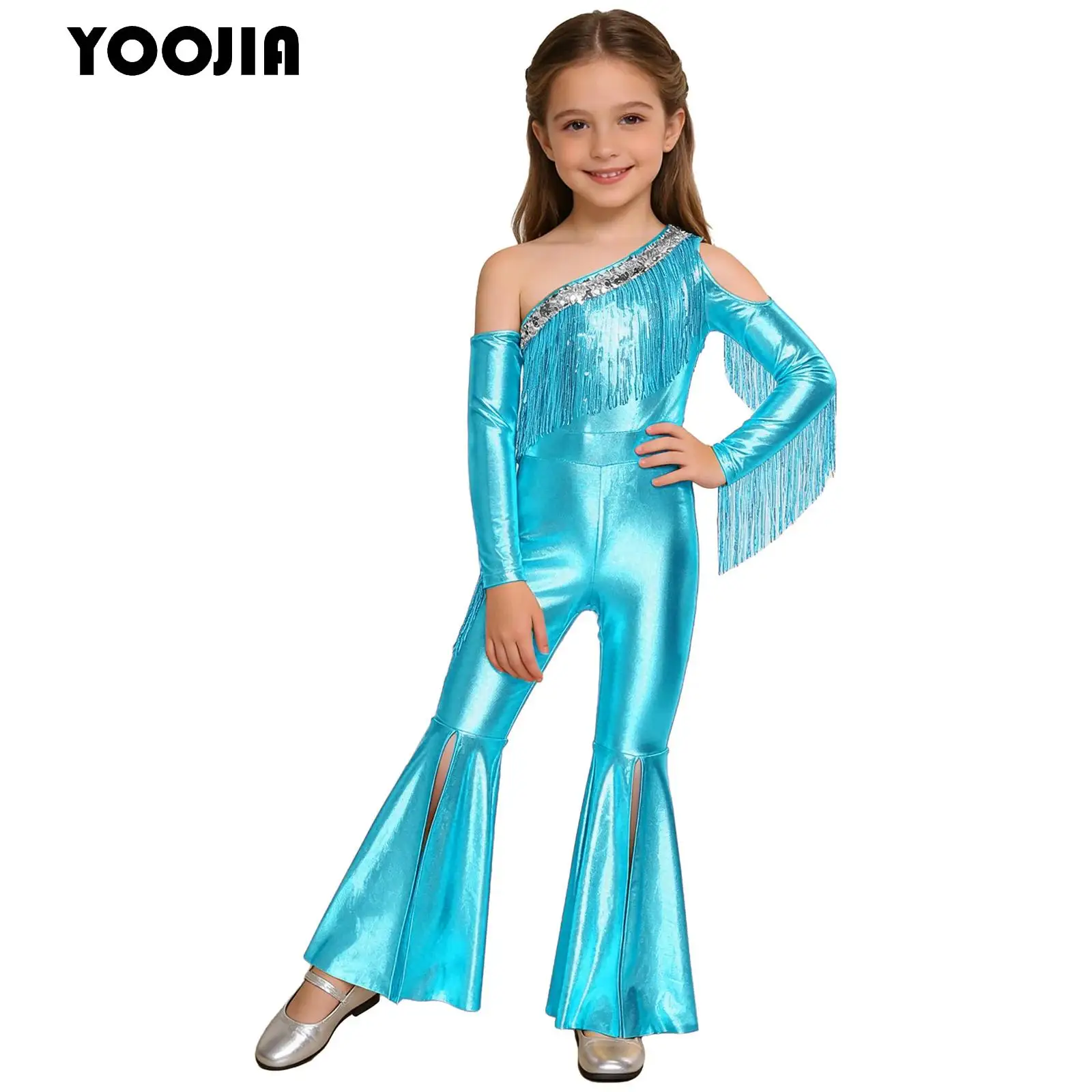 

Metallic Shiny 70S Disco Jumpsuit Girls One Shoulder Long Sleeve Sequin Tassel Pageant Rompers Hippie Bell Bottom Jazz Dancewear