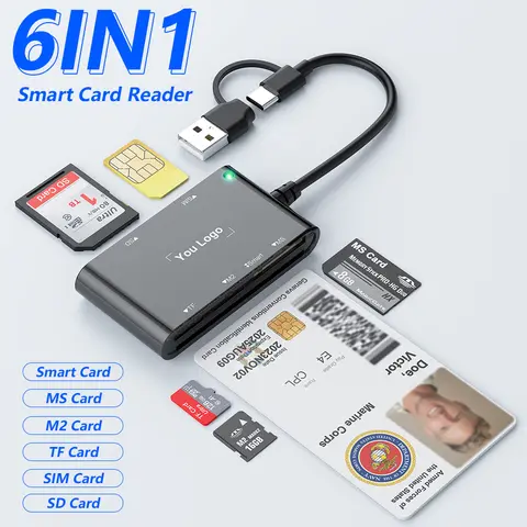 6 IN 1 Smart Multi-function Card Reader USB/Type C to Smart/MS/M2/TF/SIM/SD Memory Card Bank Card Reader for PC Laptop Transfer