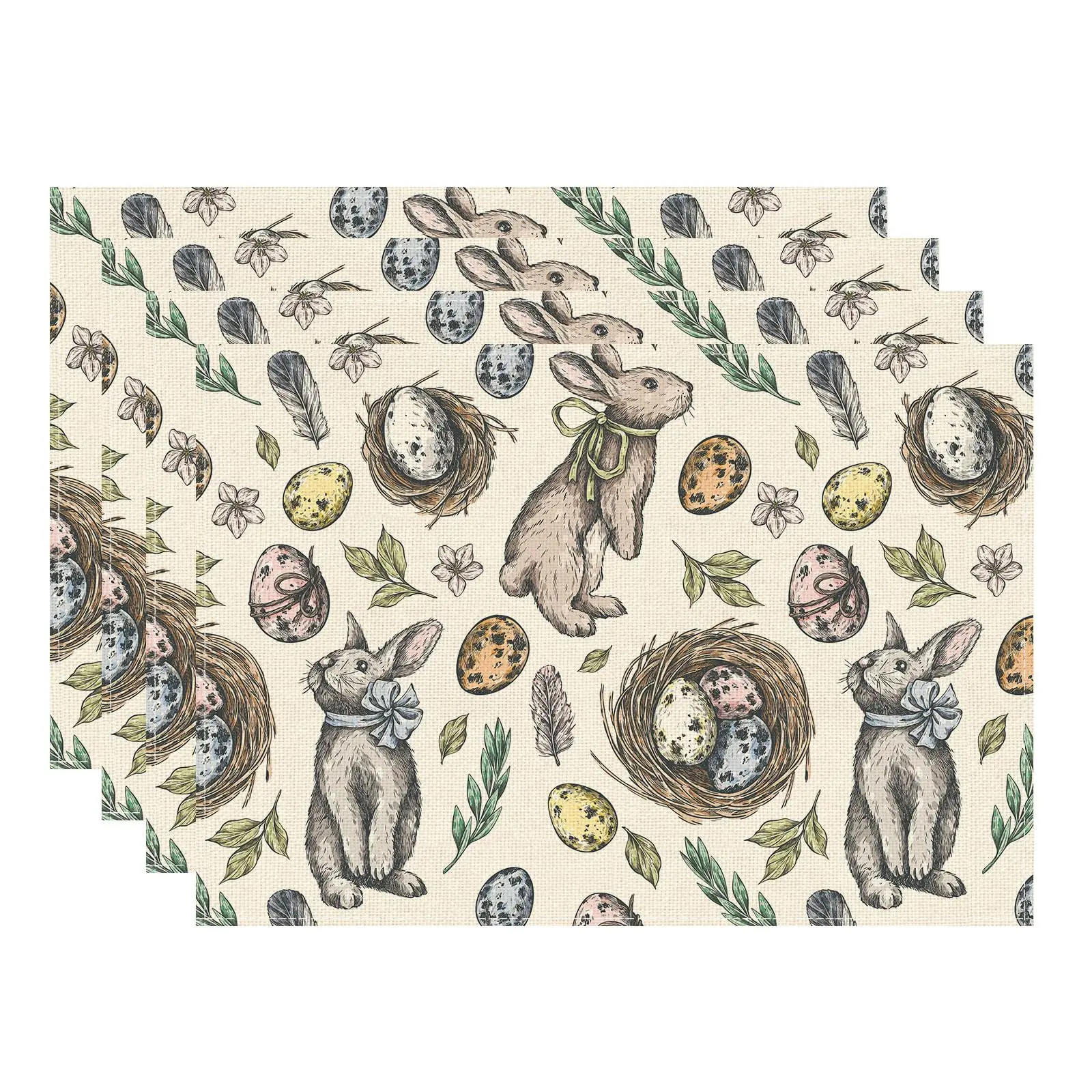 Line Drawing Bunny Eggs Leaves Rabbits Easter Placemats Table Mats for Party Home Kitchen Dining Table Decorations 12x18 Inch