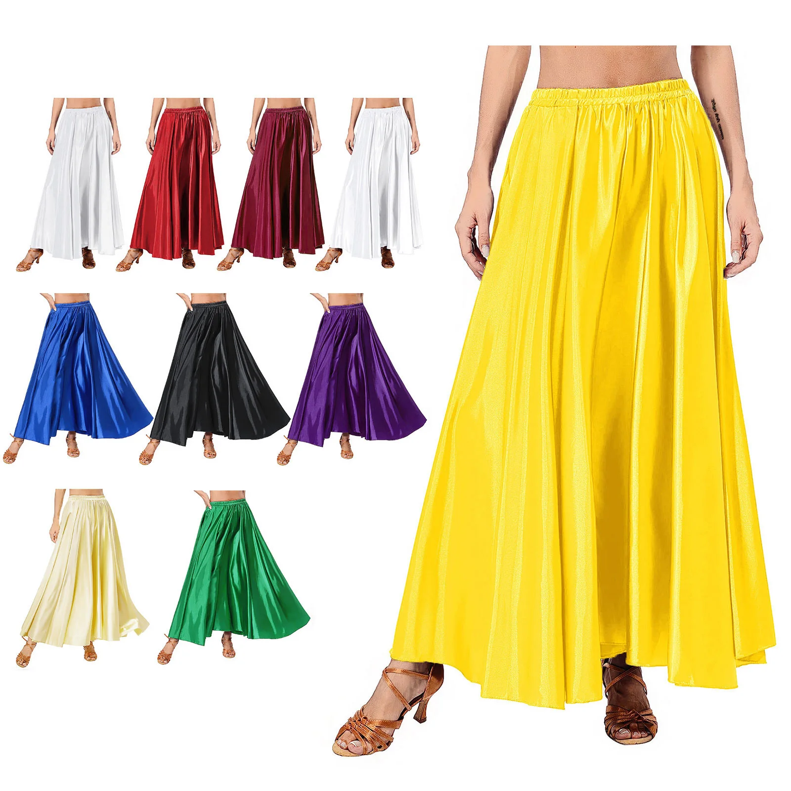 Womens 94Cm Lengte Satijnen Rok Ballroom Dance Praktijk Podium Performance Kostuum Effen Kleur Brede Zoomlijn Ruche Maxi Rok