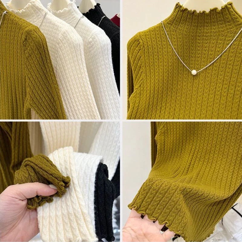 2025 Autumn Winter Turtleneck Ruffles Sweater Women Long Sleeve Knitted Simple Base Layer Pullovers Women Solid Casual Sweater