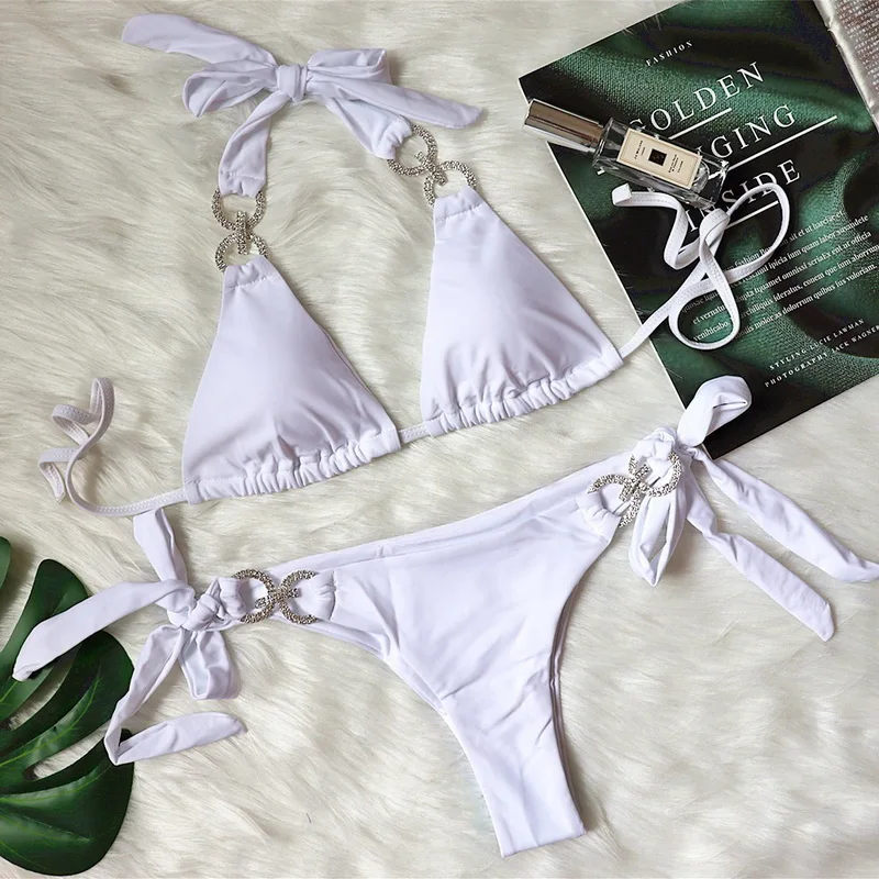 الفقرة برايا الصلبة الإناث ملابس السباحة الفاخرة ثوب السباحة 2025 الاكسسوارات المعدنية حجر الراين بيكيني النساء ملابس السباحة رفع مجموعة البكيني #4