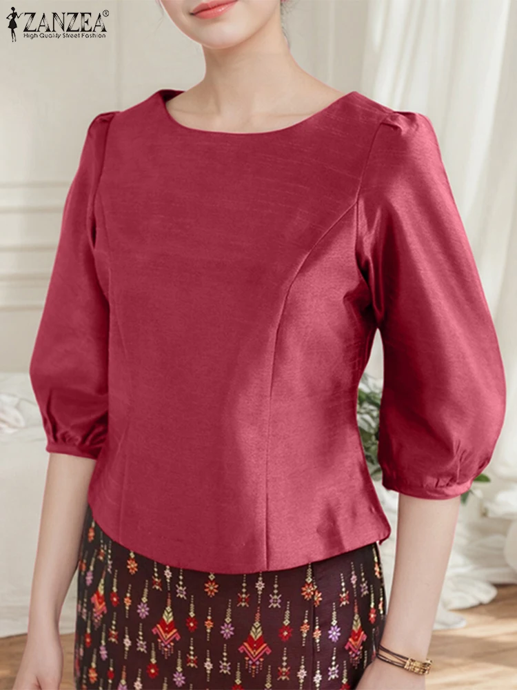 

ZANZEA Fashion Blouses 2025 Autumn Women 3/4 Lantern Sleeve Satin Shirts Elegant Office Lady Tops Tunic Solid OL Korean Blusas