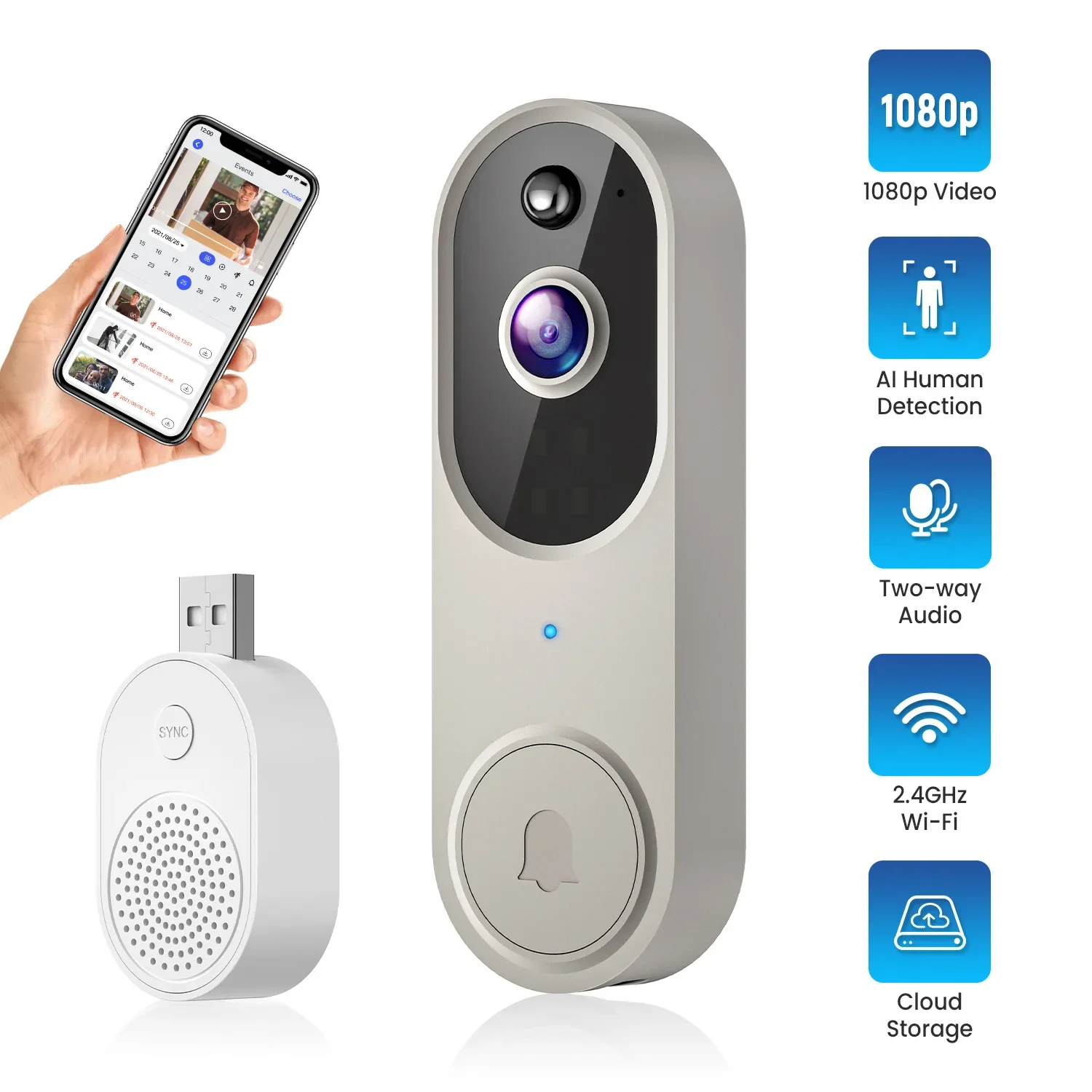 2.4GHZ WIFI video doorbell camera Intelligent intercom humanoid recognition 1080P HD night vision security smart home doorbell