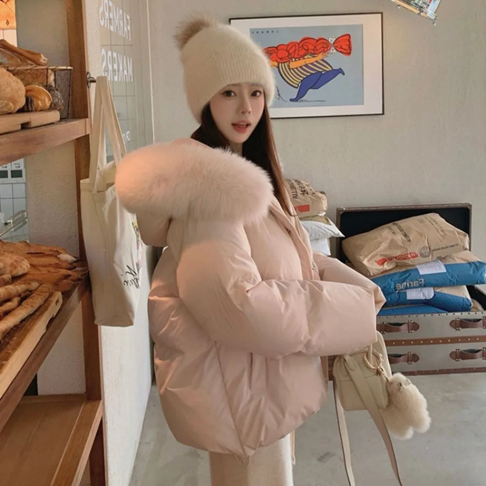 New Women Short Puffer Jacket With Fluffy Faux Fur Hood Warm Zip Winter Coat Casual Loose Outerwear For Ladies Daily Wear