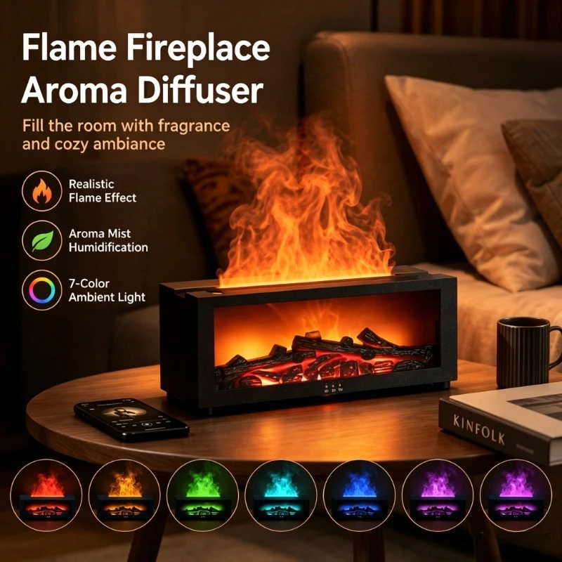 Aroma Diffuser, Simulated Fireplace Essential Oil Diffuser Humidifier, 7-Color Flames, for Christmas Gift, Nice Christmas Decor