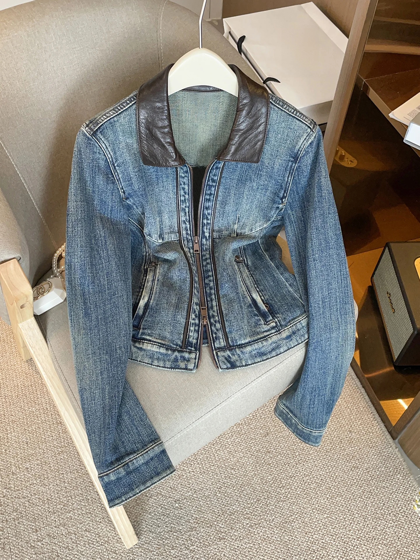 

Faionable ретро лоскутное джинсовое джинсовое пальто с воротником-стойкой, женское пальто премиум-класса на осень-зиму, повседневное женское пальто на молнии