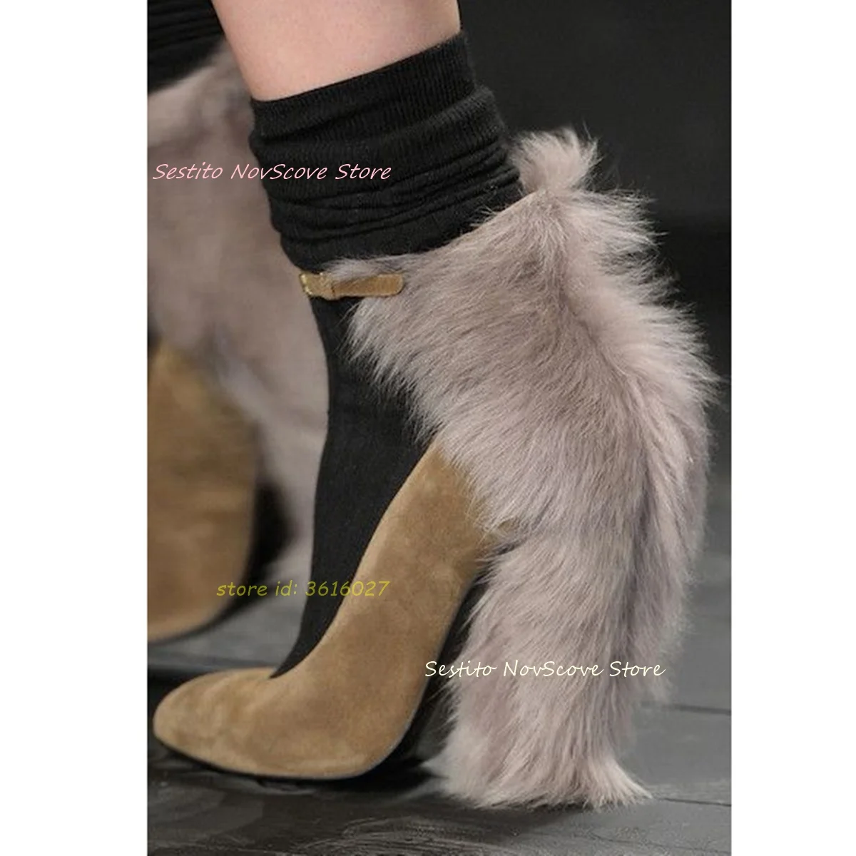 

Brown Suede Pumps Stiletto High Heels with Fur Decor Ankle Straps Pointy Toe Sandals Shallow Autumn Sexy Women Party Shoes