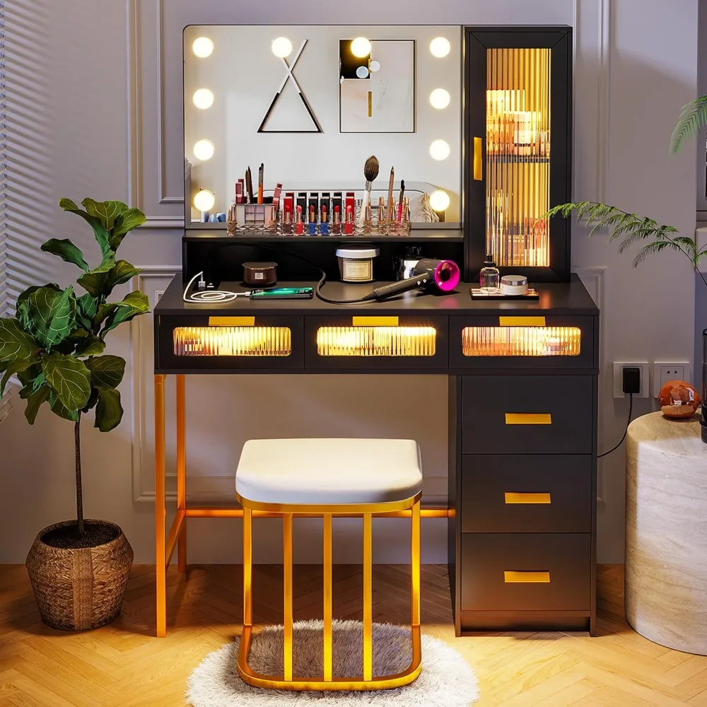 Makeup Vanity with Lights, Vanity Makeup Desk with Charging Station, LED Vanities Table Set with Mirror, Vanitys Dressing Table