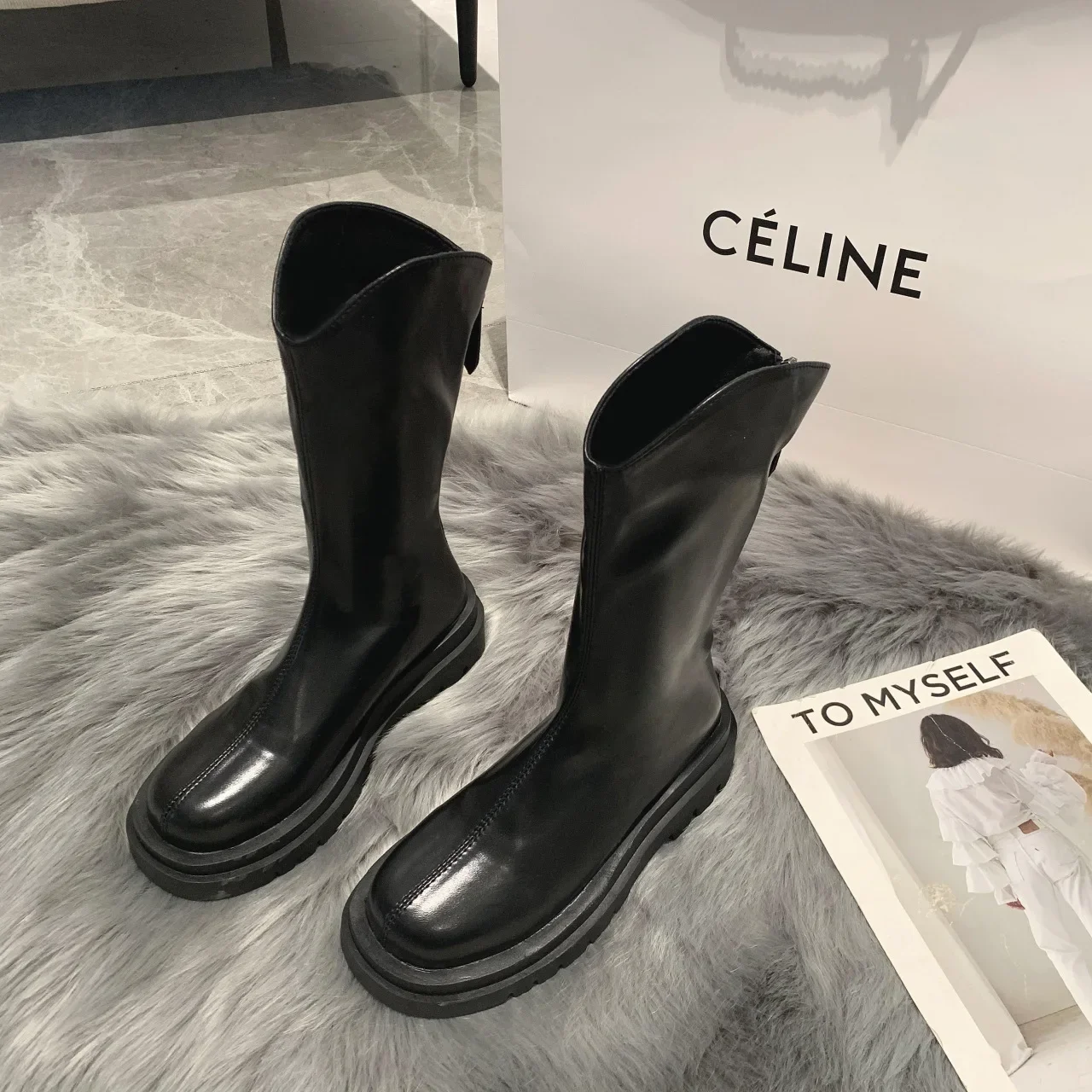 Bottes à plateforme mi-mollet pour femmes, bottes Parker rondes, fermeture éclair, mode féminine, automne, hiver, nouveau, 2023