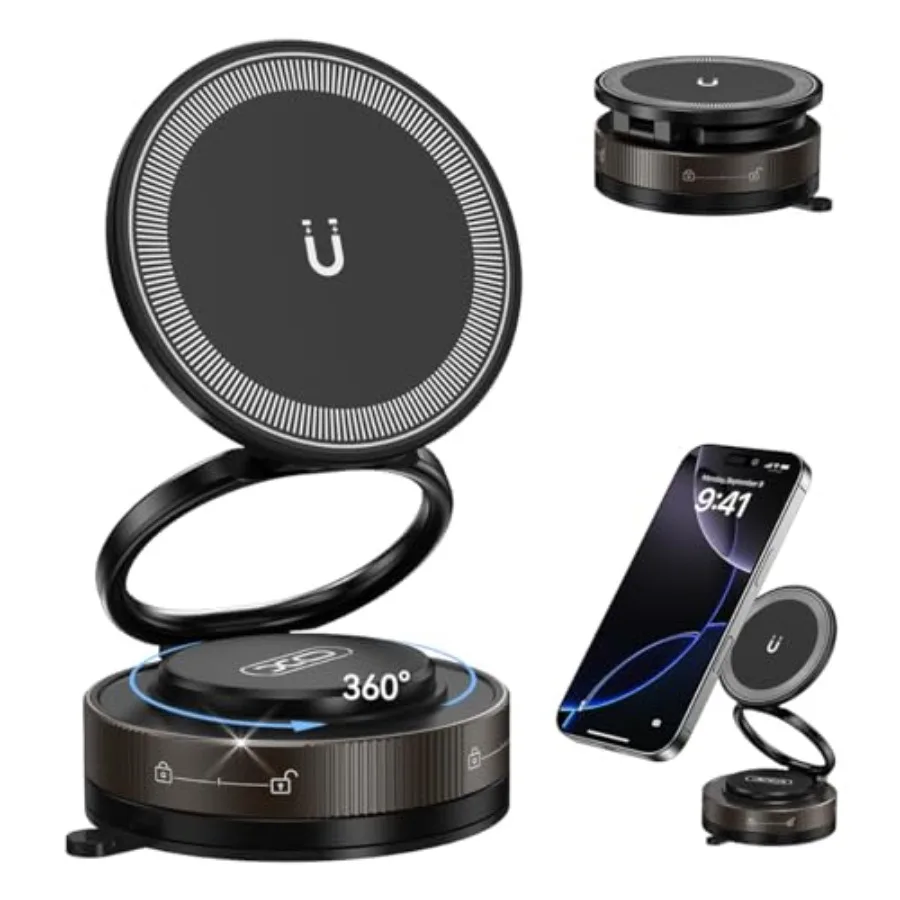 360度回転調整可能なマグネット式車載スマホホルダー、強力な吸盤ベースと折りたたみ式デザインで車内や化粧ルーティンに最適