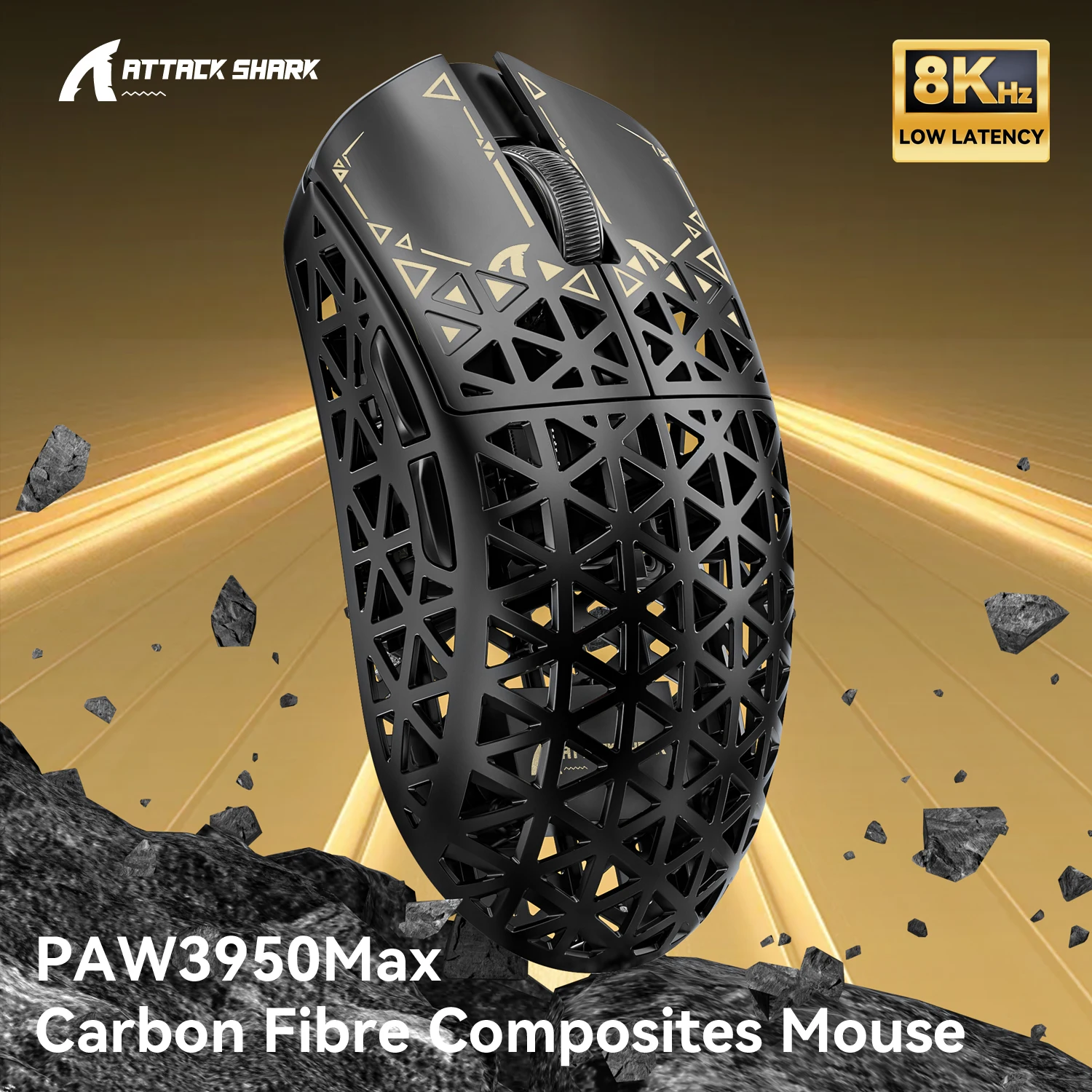 Ratón para juegos ATTACK SHARK R5 Ultra fibra de carbono inalámbrico 8K 39g SUPERLIGHT, Sensor para juegos PixArt PAW3950MAX, Pol inalámbrico de 8000Hz