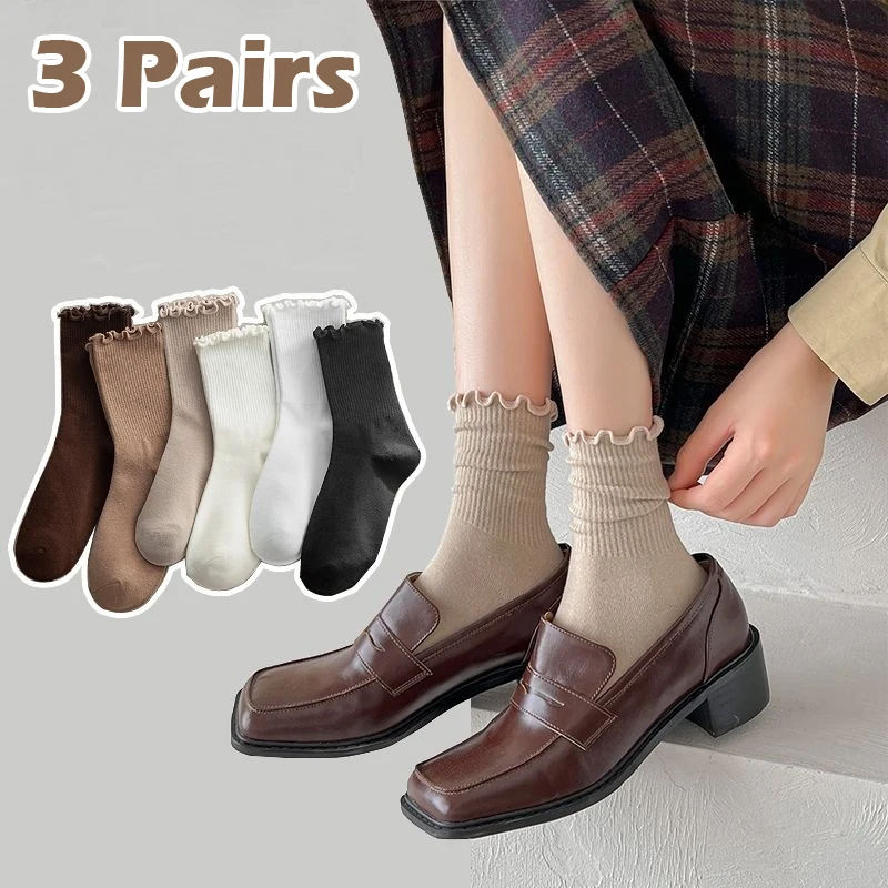 3 Pairs Autumn Winter High Value Black Mushroom Edge Mid-calf Women Socks Casual Elegant Solid Color Cotton Socks Kawii Socks