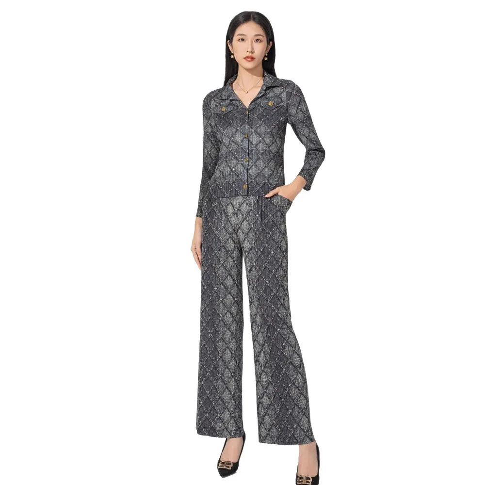 Miyake Pleated New Fashion Casual Set Gradient Color Long Sleeve Shirt Collar Top High Waist Straight Pants Two Piece Set Pleat