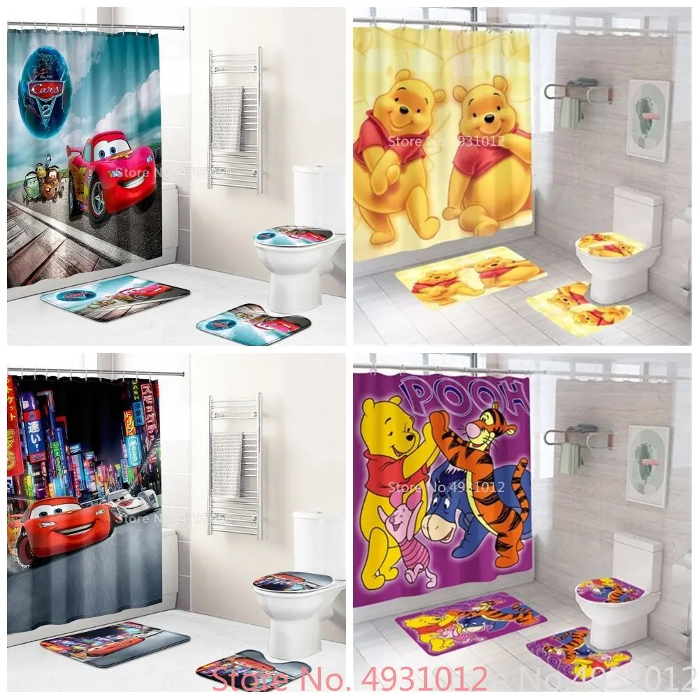 2024 Anime Cartoon Lion King Simba Dumbo Toy Story Woody Bath Shower Curtain 4pcs Bathroom Toilet Mat Lid Rug Curtain Set