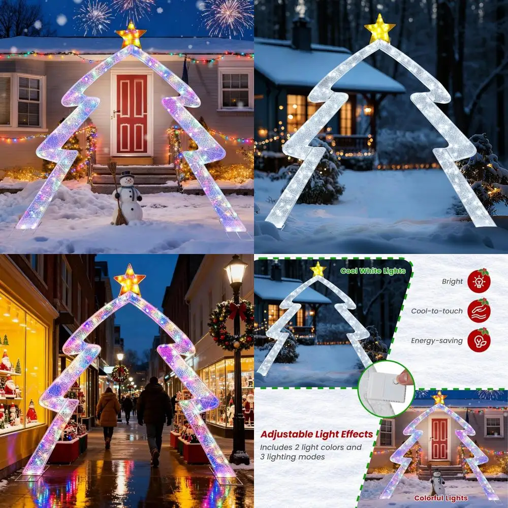 

Рождественская елочная арка длиной 8,8 фута с звездным топпером, регулируемыми светодиодными фонарями, широкими основами, завязками на молнии и заземляющими кольцами