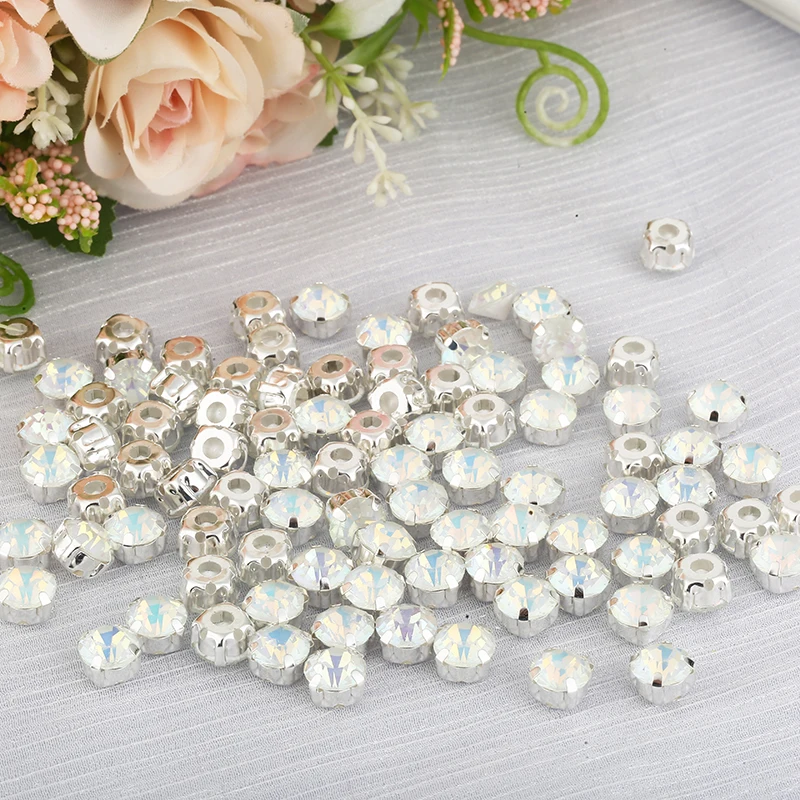 PEESOM 8mm 100szt Jelly Opal Color Round Sew On Crystal Rhinestone Sliver Claw Setting Flatback Glass Stone with Hole for Sewing