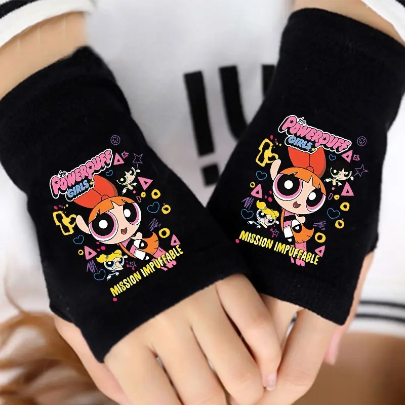 Cute Powerpuff Girls Animation Peripheral Cartoon Half Finger Gloves Warm Winter Gloves Student Writing Birthday Gift Wholesale