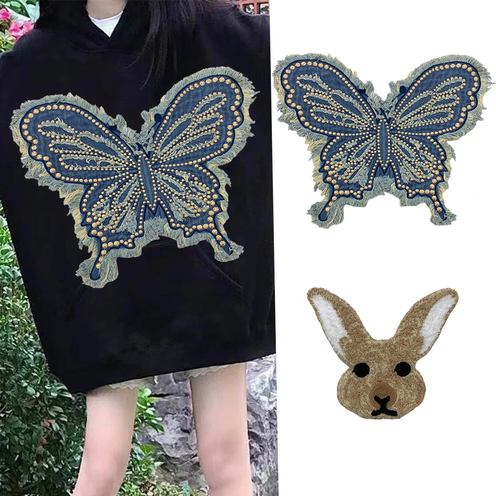 Fashion Handmade  sew Denim fabric Tassel butterfly  Clothing Accessories  diy Bag  embroidery rabbit PATCH tops