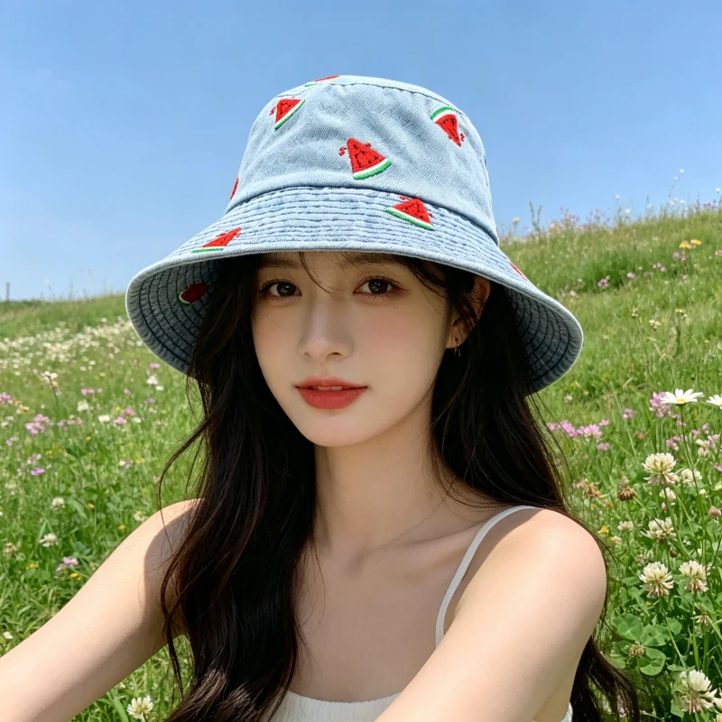 

Women Summer Embroidered Denim Fishing Hat Wide Brim Sun Cap Jeans Bucket Hat Vintage Fashion Beach Outdoor UV Protection