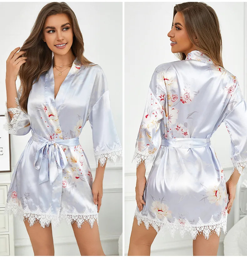 Chinese Women Lace Trim Bathrobe Sexy Loose Wedding Robe Casual Lounge Sleepwear Kimono Print Flower V-Neck Mini Home Clothing