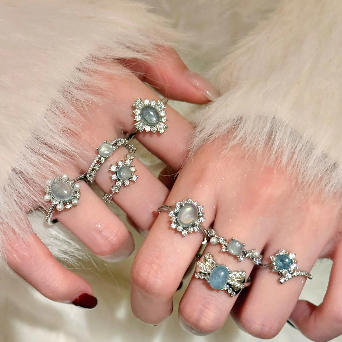 Sea Blue Moonlight Gemstone rings for women Light Luxury Exquisite Flower Stacking Style Ring Fashion Wedding Jewelry Gift