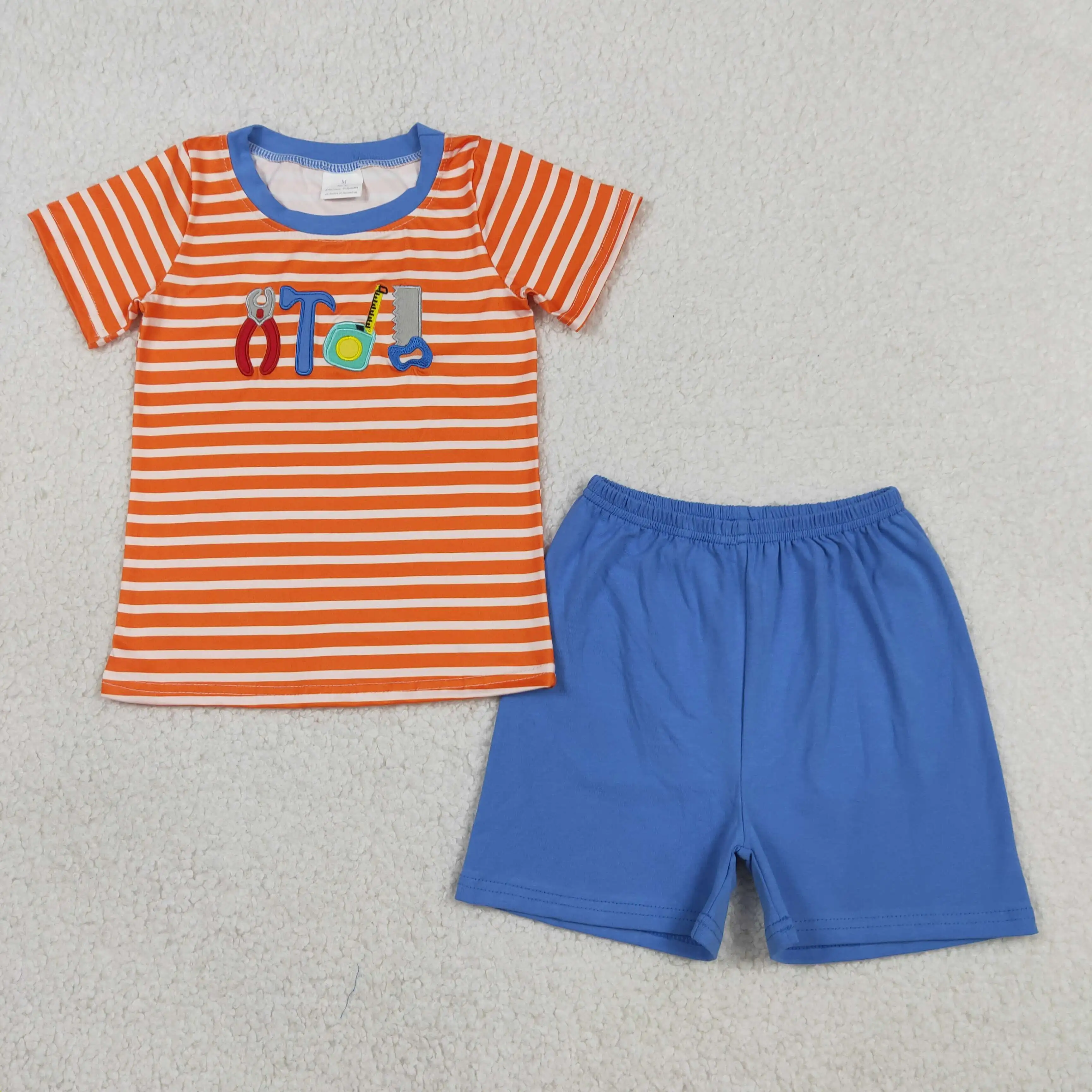 Wholesale Boys Embroidery Outfits Toddler Stripes Short Sleeves Tools Shirt Children Kids Set Baby Boy Blue Shorts Clothes