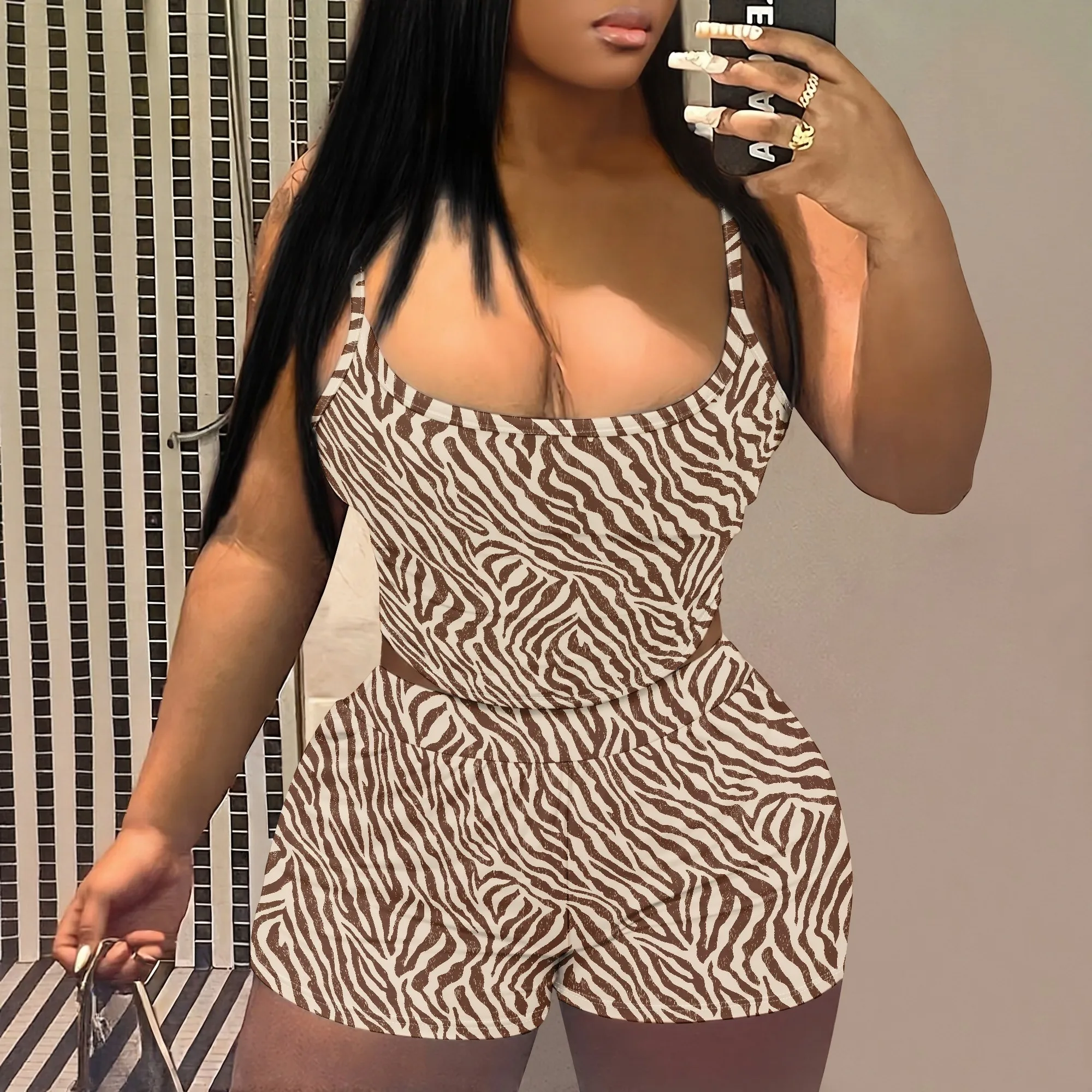 Zebra Print Cami Top And Shorts Set, Brown Animal Pattern Loungewear, Casual Summer Outfit For Women, S-2XL