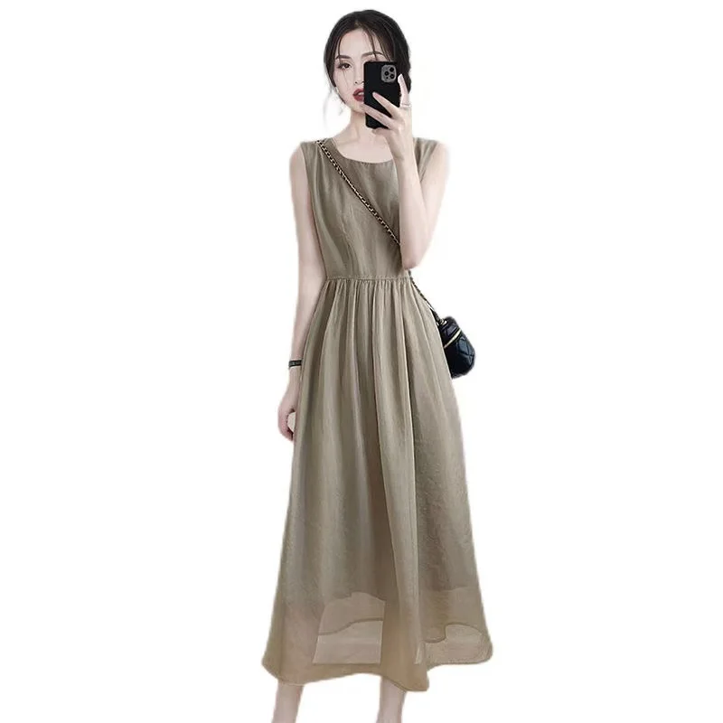 Französisches High-End-Temperament, ärmelloses mittellanges Kleid für Damen, Sommer, neues O-Ausschnitt, schmale Passform, sanfter Stil, lässiges A-Linien-Kleid