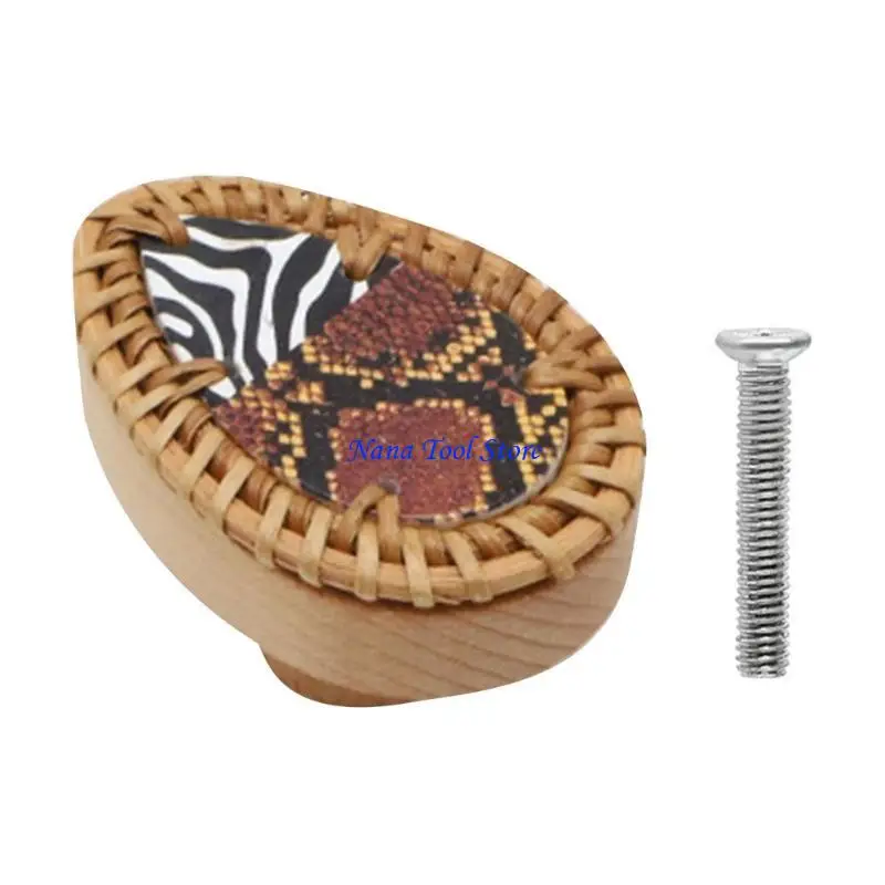 31GJ Handmade Cabinet Pulls Rattan Wooden Dressers Knob Vintage Drawer Door Pulls Handles Kitchen Bedroom Furniture Hardware