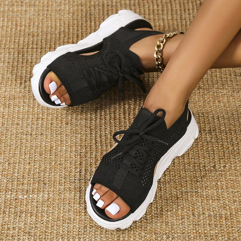 Mesh Women Sandals Summer Shoes for Women Trend Lace-up Platform Sandals Open Toe Beach Casual Heeled Sandals