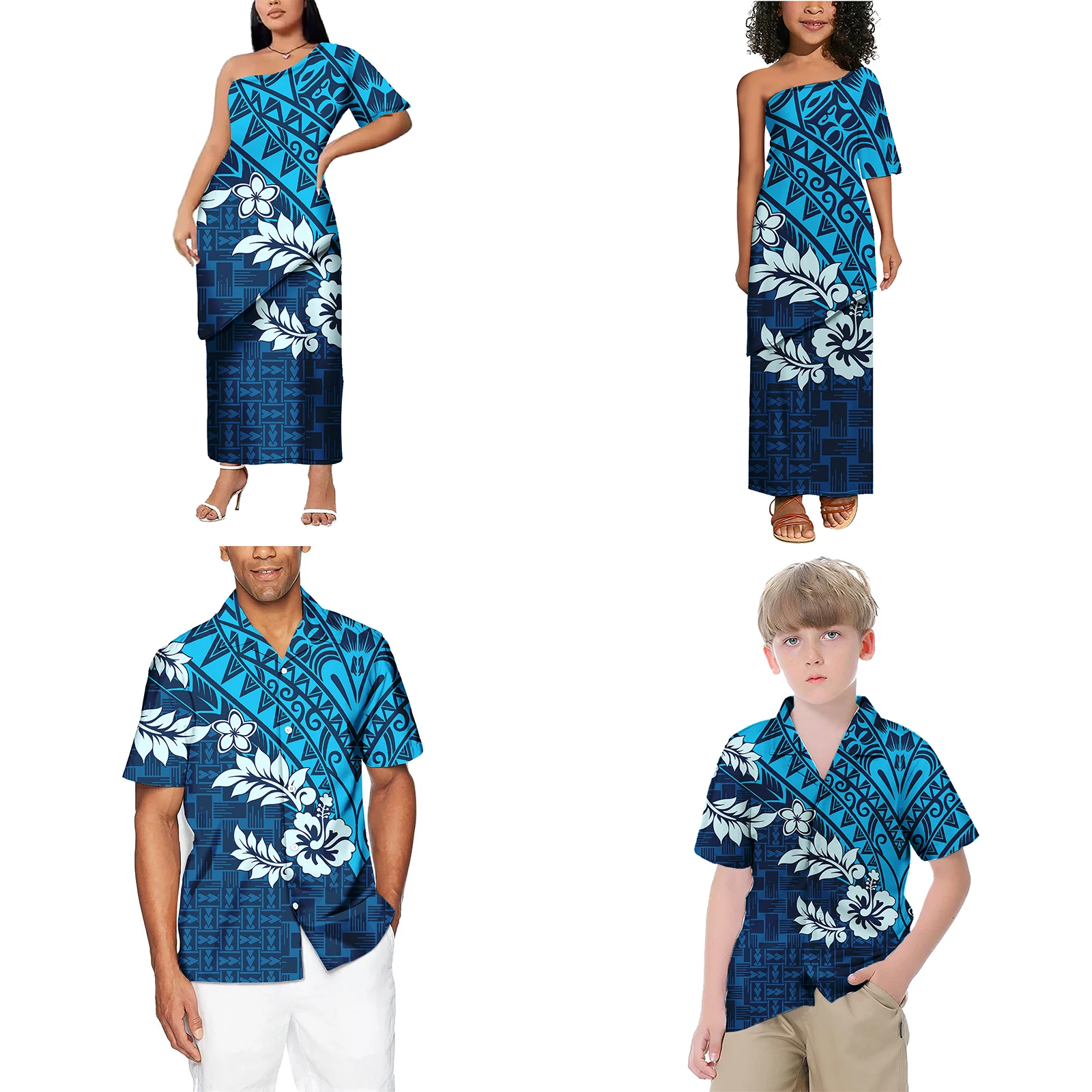 Summer Casual Tribal Print Aloha Hawaii Shirts For Boys Polynesian Floral 4pcs Family Outfit Custom Logo Samoa Girls Puletasi