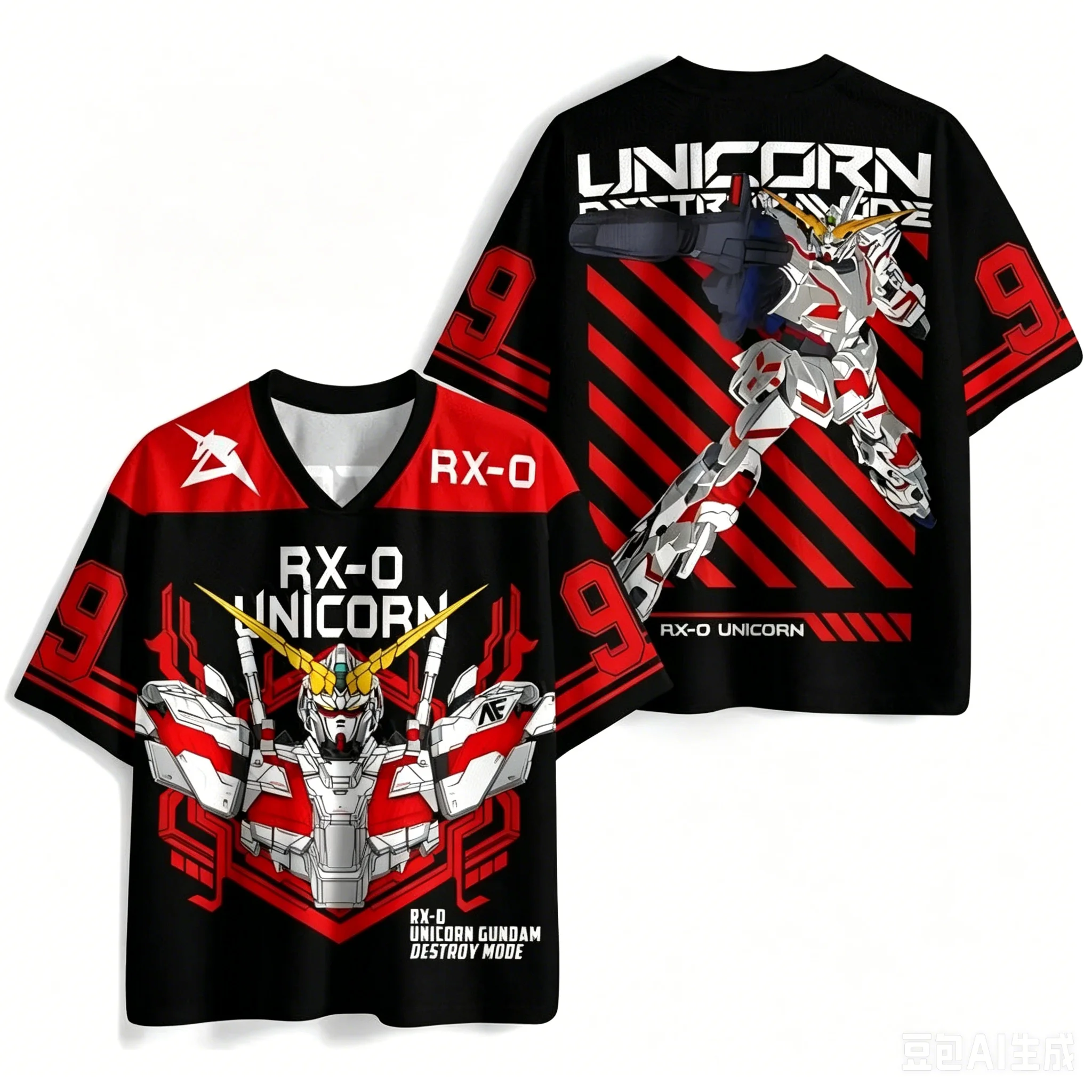 2026 Bestseller Mobile Suit Gundam Harajuku Style Kinder V-Ausschnitt Sporttrikot Herren/Damen Unisex Y2K Mode Freizeit T-Shirt