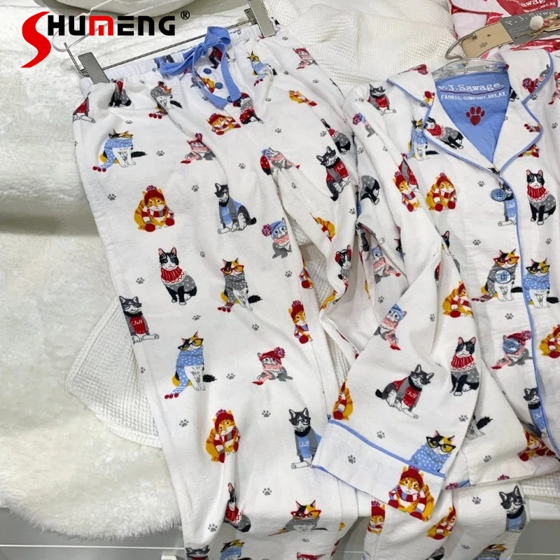 Lange Hosen Homewear Set für Frauen Herbst Winter Cartoon Print Warme Schlaf Anzüge Weibliche Reine Baumwolle Baumwolle Pyjamas Outfits