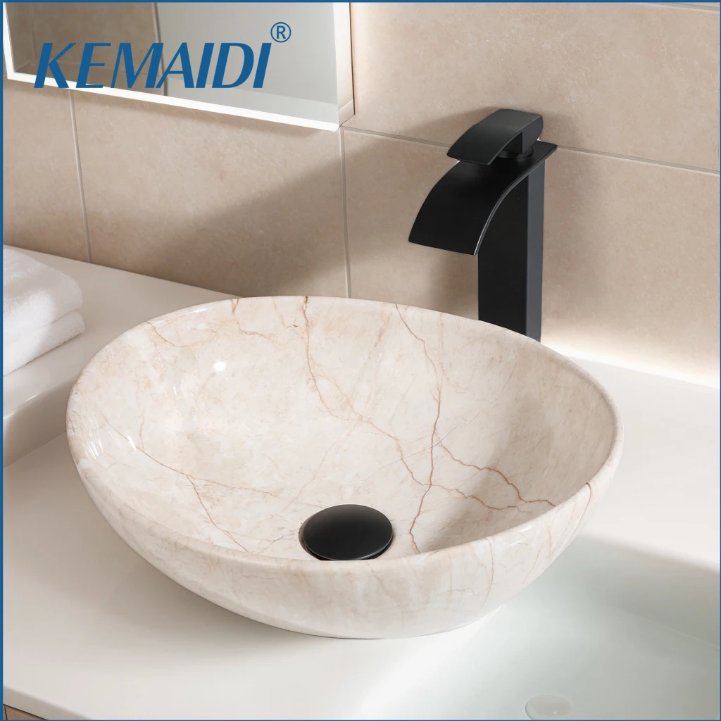 

KEMAIDI Oval Marbling Vessel Sink with Faucet and Drain Ceramic Bathroom Sink Above Counter Bowl Sinks for Bathrooms ,Gargen,Bar