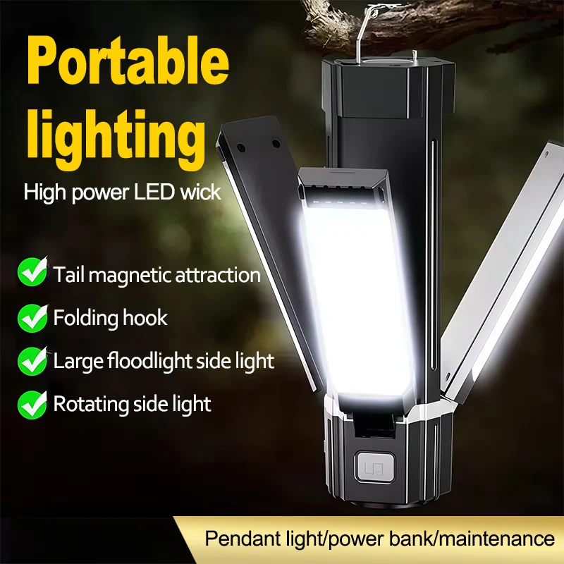 USB C ricaricabile Power Bank Luce da campeggio 5 modalità Doppio fascio luminoso Pieghevole Gancio per appendere Indicatore batteria Attività all'aperto