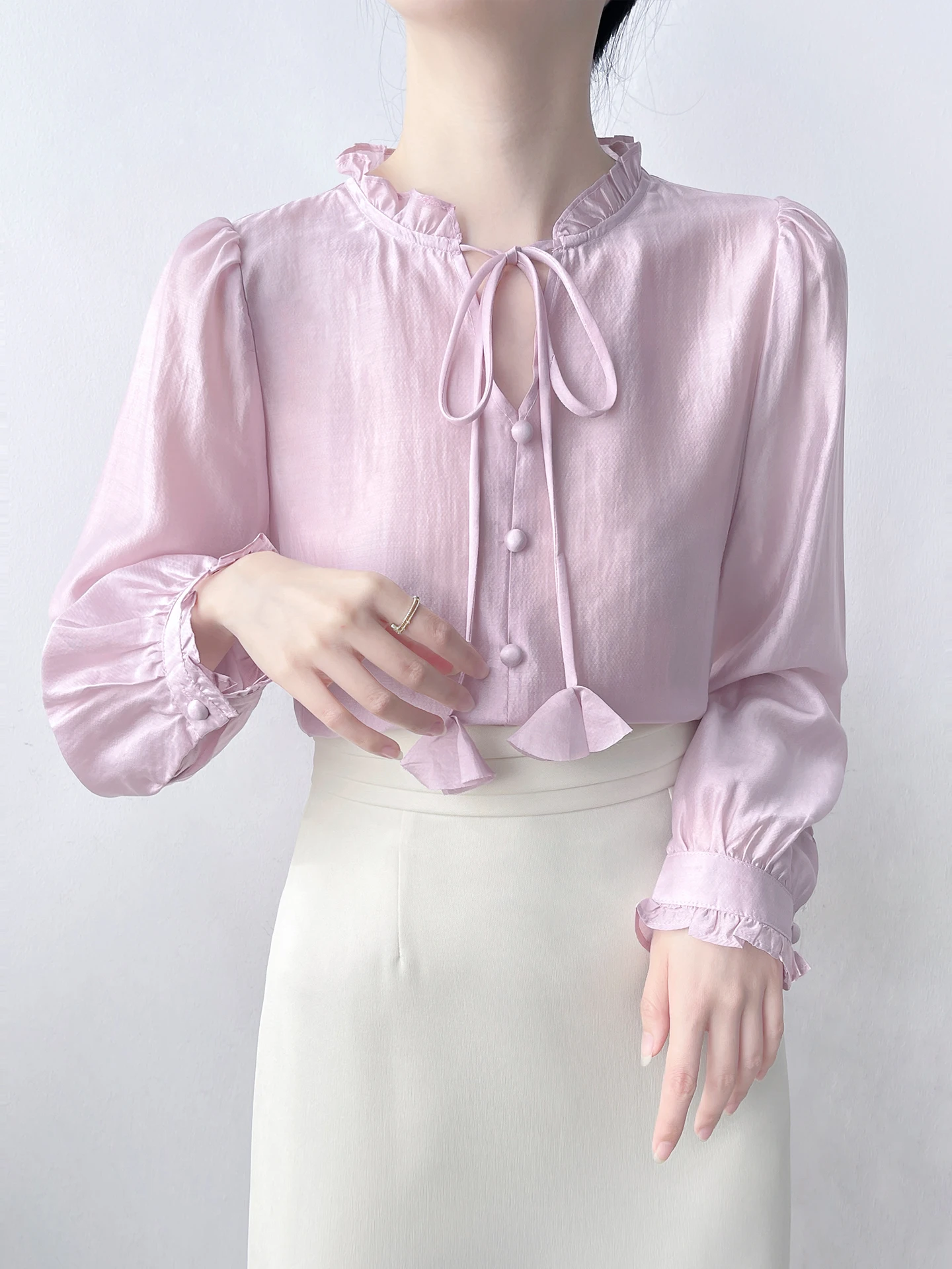 

Женская фиолетовая блузка в корейском стиле с длинными рукавами-фонариками, тонкая, прозрачная, из шифона, свободного кроя, с поясом, в нежном стиле