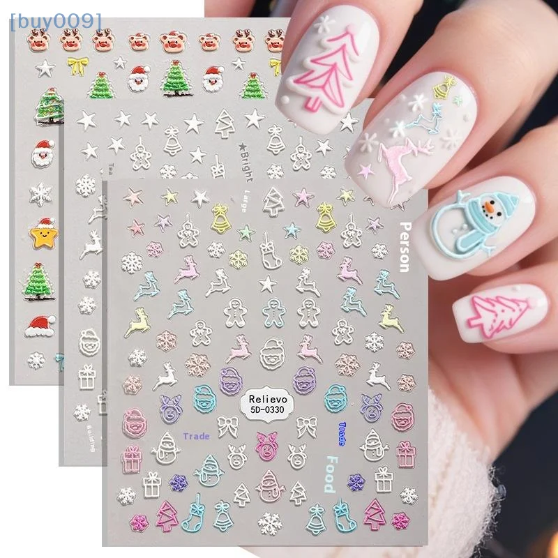【buy009】 1 Uds. Pegatinas 5D para uñas con forma de copo de nieve y hombre de jengibre, pegatinas autoadhesivas para uñas con pastel de pino de Navidad, suministros DIY para invierno