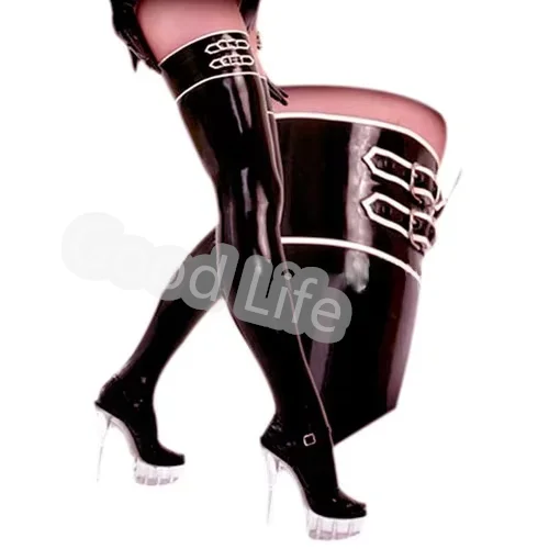 

Сексуальные горячие продажи, черно-белые чулки ручной работы с пряжками из 100% латексной резины, высокие носки до бедра, латексный фетиш-костюм