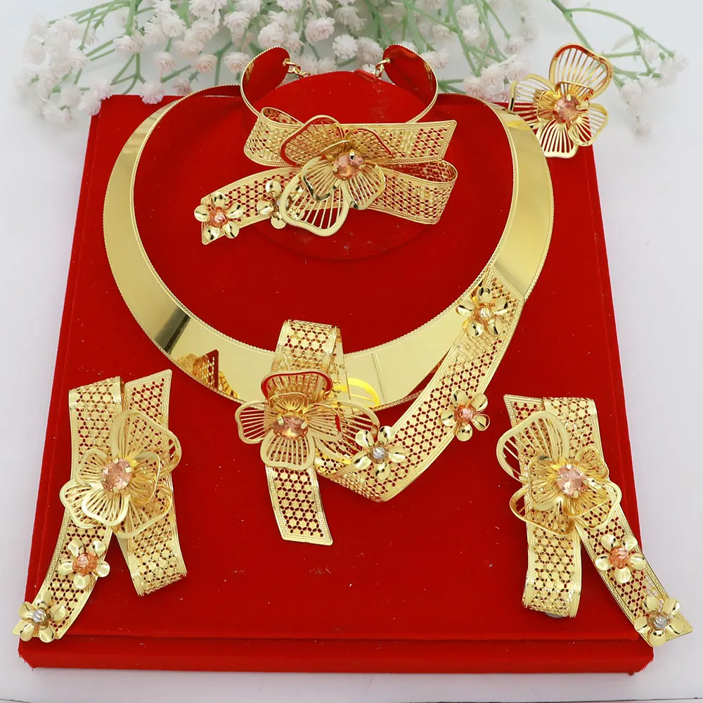 

Women's Necklace Jewelry Set 24K Gold Plated Original High Quality Full Copper Necklace Big Bow Tie Shape Banquet Gift