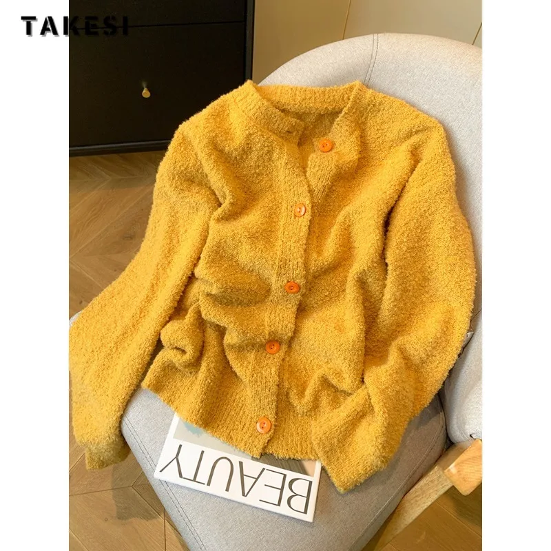 

Casual Retro Knitting Long Sleeve Yellow Pullovers 2023 Winter Korean Fashion Women Jumpers Solid Color Round Neck Lady Sweater