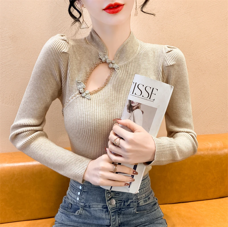 

2025, новинка, европейская, одежда, вязаный, свитер, женский, шикарный, сексуальный, подставка, полые, бисер, блестящий, с длинным рукавом, нижняя рубашка, топы, 412146