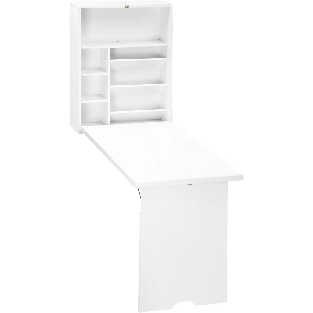 

Wall mounted foldable convertible desk, multifunctional floating desk with home office storage rack, white