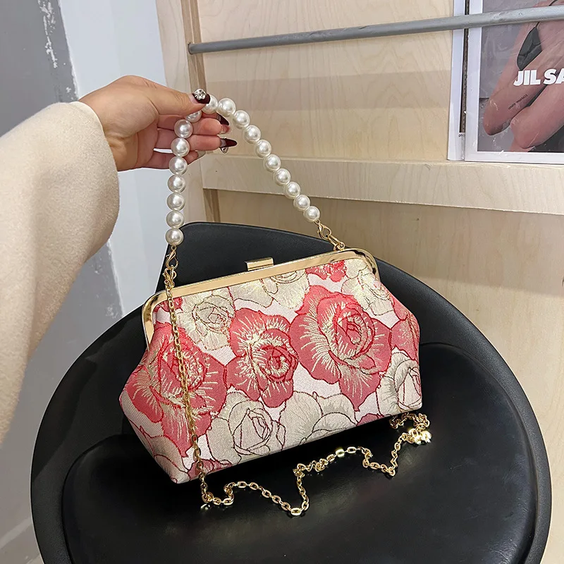 

Pearl Beaded Seashell Handbags Fashion Flower Embroidery Canvas Evening Bags Shoulder Bag For Women Banquet Party Small Clutch