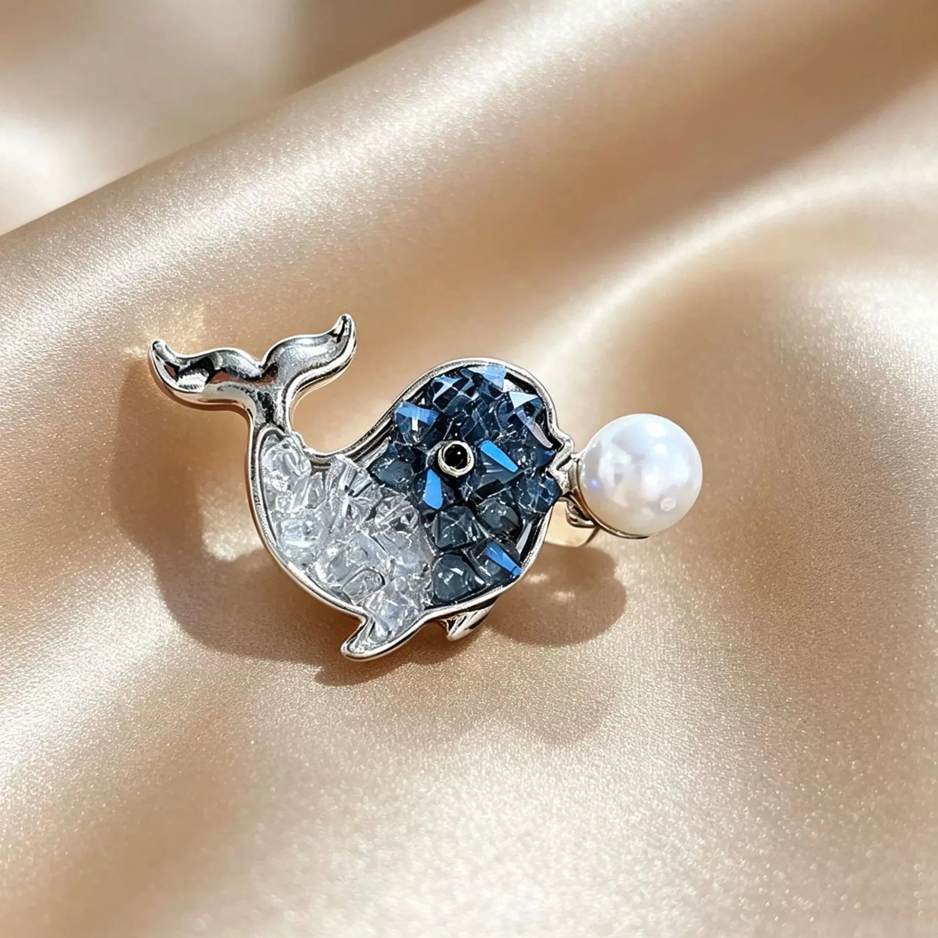 New Blue Whale Pearl Rhinestone Brooches Niche Design Fashion Accessory Pin Sweater Suit Corsage