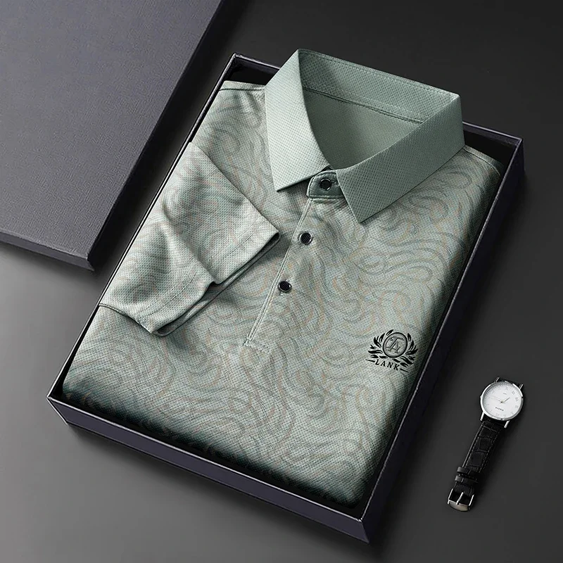 Mens Casual Printed Polo Shirt Short Sleeve Embroidered Ice Silk Lightweight Breathable Summer Top